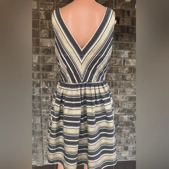 J.Crew Navy Gold Metallic Stripe Fit and Flare Party Dress Size 8 - Picture 2 of 6